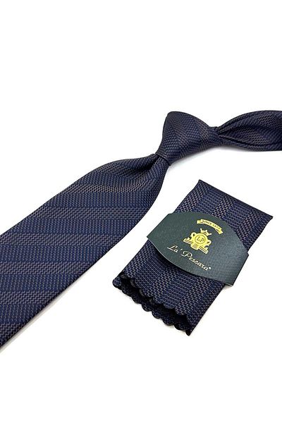 Kravatkolik Navy Blue - Brown Line Pattern Classic Necktie with Handkerchief KK12433