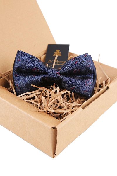 Kravatkolik Men's Navy Blue Shawl Pattern Bow Tie P1451