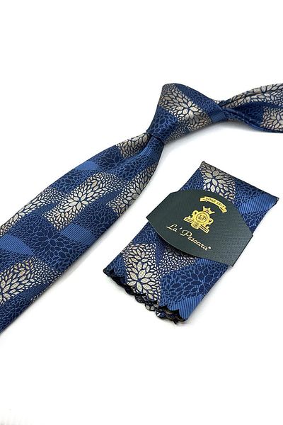 Kravatkolik Classic Tie with Blue Motif Pattern Handkerchief KK12056