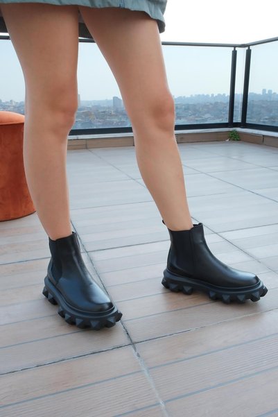 FOLLİNİ Women's Black Floater Genuine Leather Sole Detailed Boots
