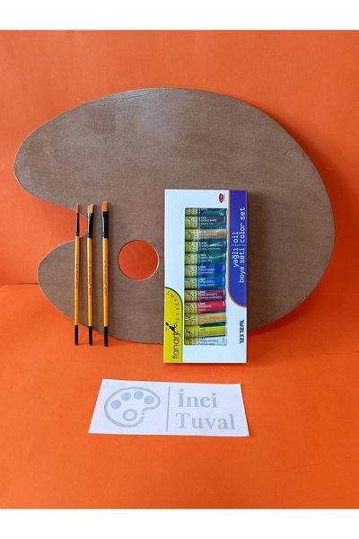 İNCİ TUVAL Ahşap Resim Paleti Fırça Yağlı Boya Seti 35x45 cm Büyük Boy Oval Ressam 3 kat Vernikli