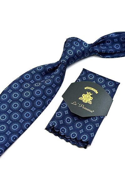 Kravatkolik Patterned Navy Blue Classic Tie with Handkerchief - KK12656