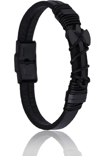 Kravatkolik Black Leather Steel Men's Bracelet Blk1563