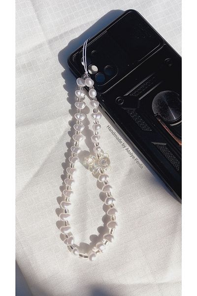 Atolye Ferda Silver Transparent Bear Figure and Pearl Phone Charm Phone Strap