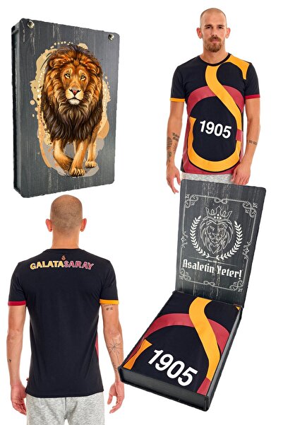 Galatasaray Unisex Black Emblem T-Shirt - Gs Lion Printed, Gift Wooden Box