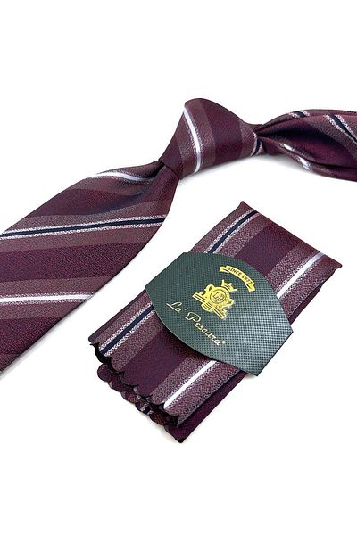 Kravatkolik Claret Red Line Pattern Classic Necktie with Handkerchief KK11964