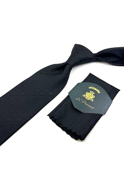 Kravatkolik Classic Necktie with Black Motif Pattern Handkerchief KK12428
