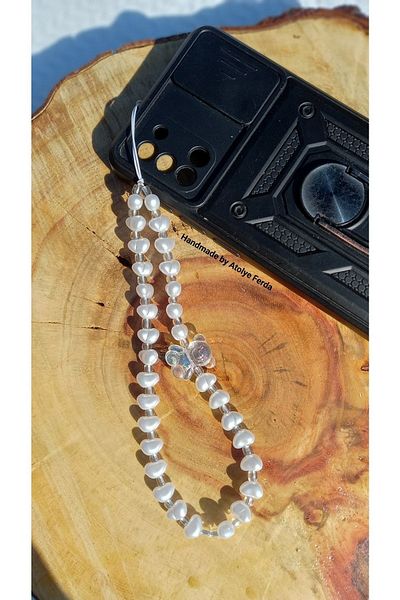 Atolye Ferda Silver Transparent Bear Figure and Pearl Phone Charm Phone Strap
