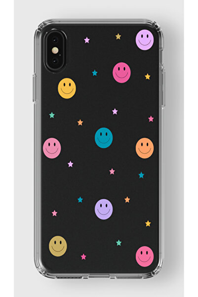 moonset Iphone XS Max Uyumlu Gülen Yüz ve Yıldızlar Tasarımlı Baskılı Şeffaf ...