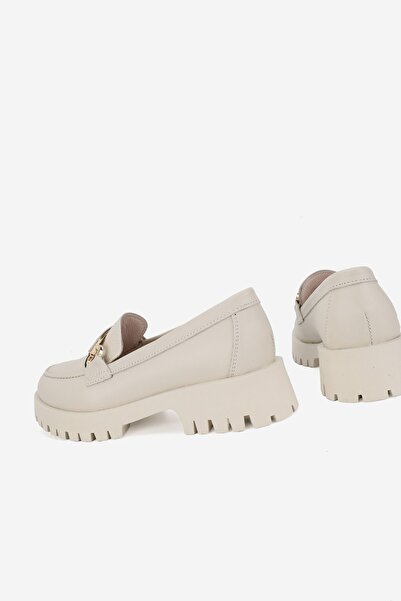 TUNAELLİ KADIN BEJ HAKİKİ DOĞAL DERİ 36-41 NUMARA TOKALI LOAFER AYAKKABI