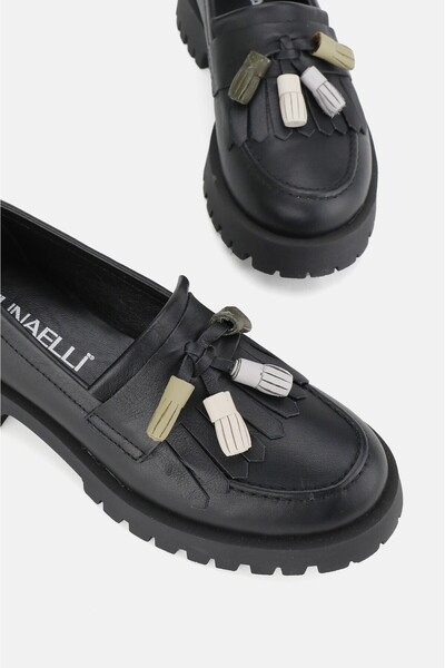 TUNAELLİ SİYAH HAKİKİ DOĞAL DERİ 36-41 NUMARA PÜSKÜLLÜ LOAFER AYAKKABI