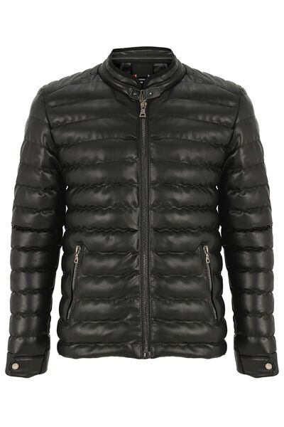 MAGICALFASHION سترة منتفخة من الجلد باللون الأسود للرجال مع فرو من الداخل