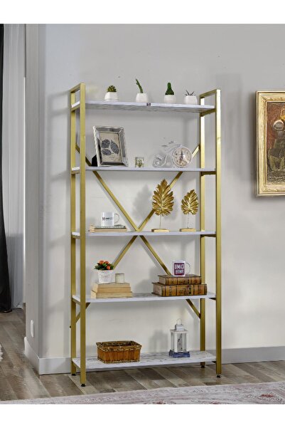 UmkaHome GOLD Metal Kitaplık 5 Raflı Beyaz Mermer Desenli Altın Kitaplık