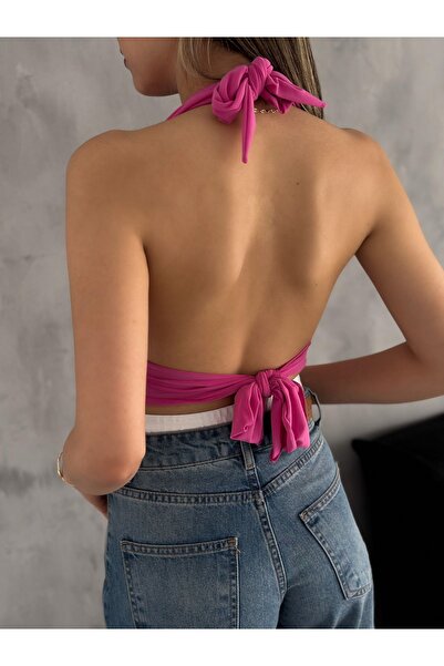 laughs Women's V-neck Backless Halter Neck Sandy Crop Blouse Blz6225