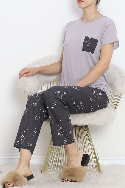 VELİZADE Gray Patterned Cotton Pajama Set - Comfortable, Elastic Waist and Pocket Detail