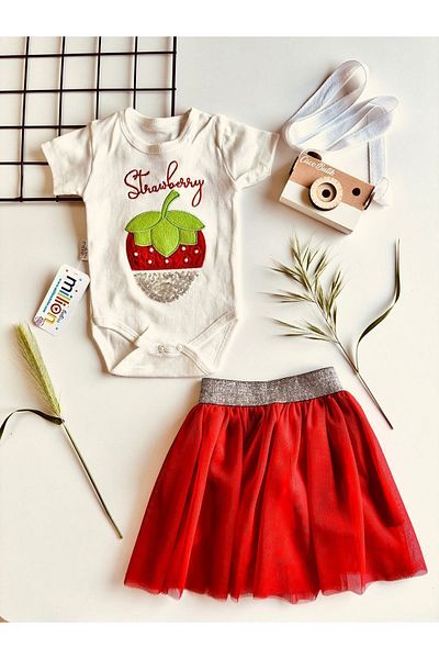 cacobutik Strawberry Patterned Tutu Skirt Suit Set