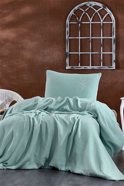 Minelya Home Collection Soft Single Muslin Pique Set - 2 Pieces Embroidered Bedspread and Pillowcase