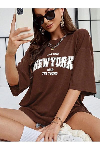 Let's Wear Καφέ μπλουζάκι με στάμπα New York με γιακά ποδηλάτου