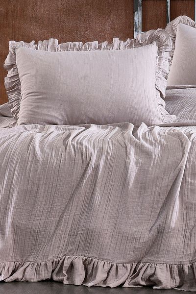 Minelya Home Collection Aura Double Muslin Pique Set - Frilly 3 Piece Bedspread and Pillowcase