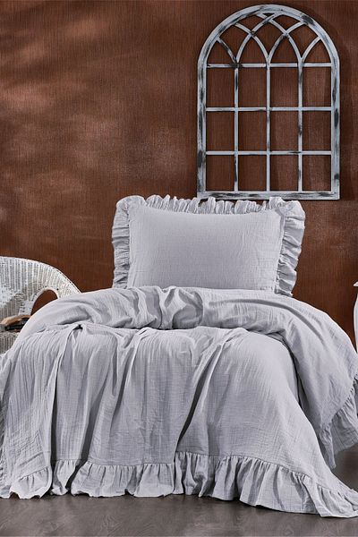Minelya Home Collection Aura Single Muslin Pique Set - 2 Pieces Ruffle Bedspread and Pillowcase