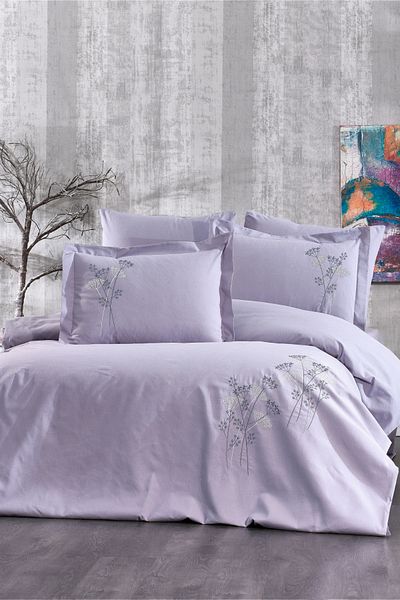 Minelya Home Collection Σετ Παπλωματοθήκη Διπλό Σετ 6 τεμαχίων 100% βαμβακερό μοντέρνο κέντημα λουλουδιών