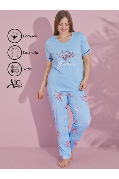 Alcteks Floral Patterned Blue Color Piping Summer Cotton Short Sleeve 2-Piece Women's Pajamas Set