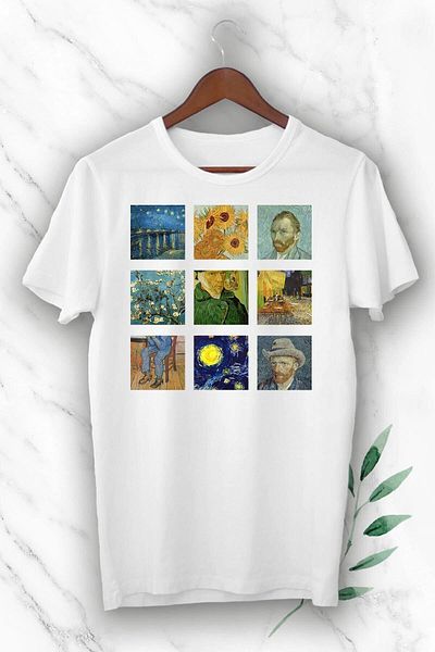 oneagılyazı Unixes Black Art Van Gogh Portrait Collage Printed T-shirt