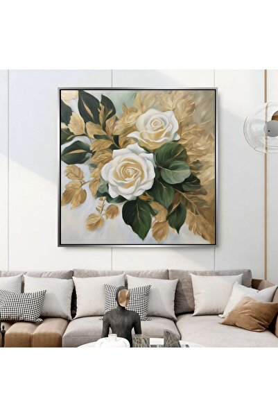Markazip Siyah Metal Çerçeveli Gold Yapraklı Beyaz Güller Kanvas Tablo Kod: L...
