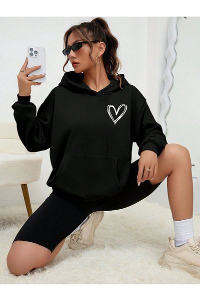 Let's Wear Черен дамски суитшърт с качулка и щампа на сърце
