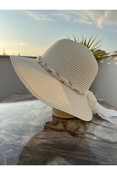 GÖZDE ŞAPKA Inci Örgülü Hasır Şapka