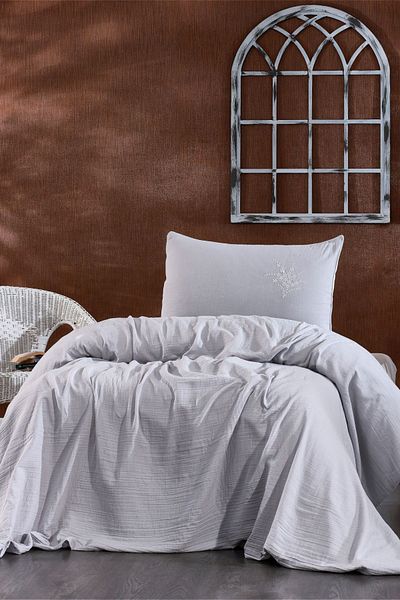 Minelya Home Collection Soft Single Muslin Pique Set - 2 Pieces Embroidered Bedspread and Pillowcase
