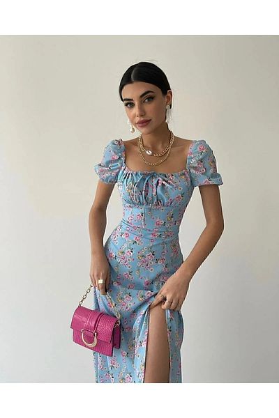 La Querta Imprimeu Floral Galben - Rochie Premium Midi de damă cu decolteu pătrat și fante 02