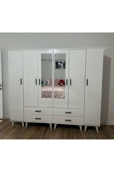 OnurEvimde 6 KAPAKLI DOLAP AYNALI GARDOLAP ÇEKMECELİ ASKILI RAFLI DOLAP KURUL...