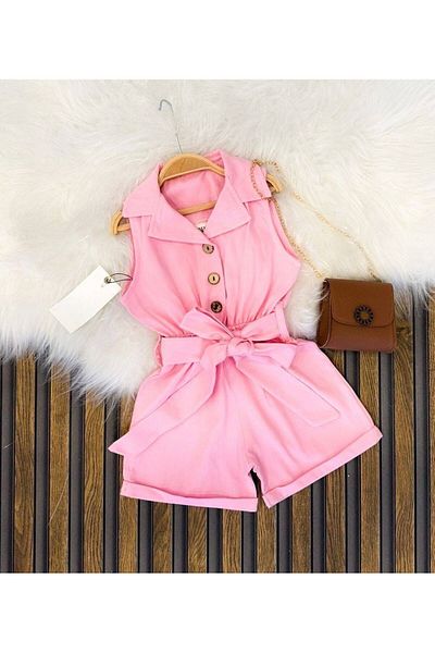 ARBİ kids Pink Gabardine Girl's Jumpsuit - With Bag and Summer, Buy One Size Larger