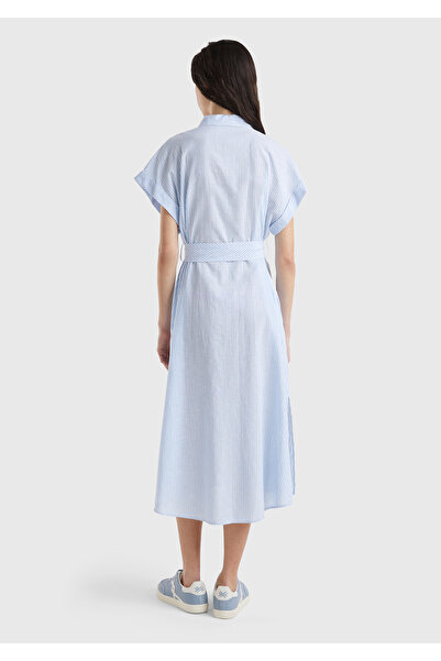 United Colors of Benetton Μπλε λινό μείγμα - Γυναικείο φόρεμα με δέσιμο στη μέση