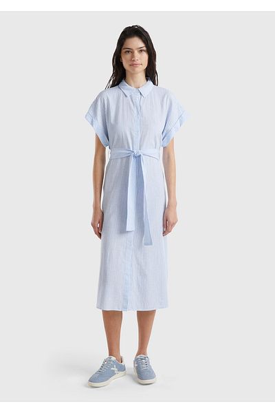 United Colors of Benetton Blue Linen Blend - Women's Tie-up Waist Slit Dress