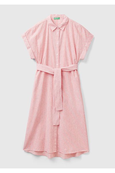 United Colors of Benetton Women's Red Linen Blended Waist Tied Front Buttoned Slit Dress