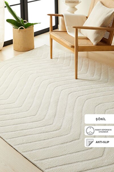 Ocean Home Textile Ekru Renk Dalga Desenli Şönil Halı Kilim