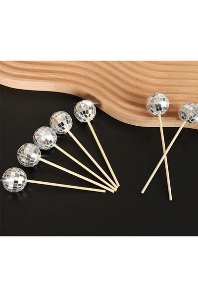 bizdenpastacılık Disco Ball Cake Decoration 5 cm 2 Pieces Mirror Garbage Skewers Installed