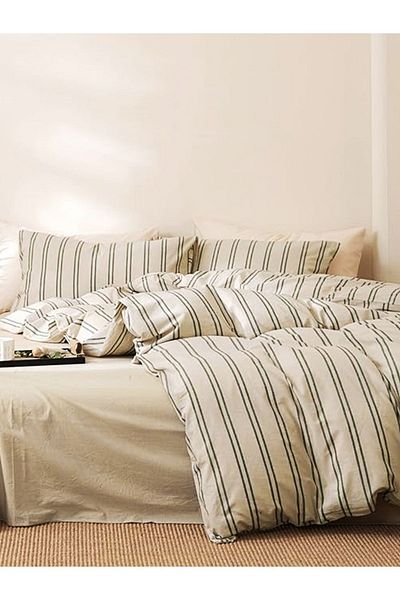 CAQQA Double Duvet Cover Set - Natural Cotton Striped