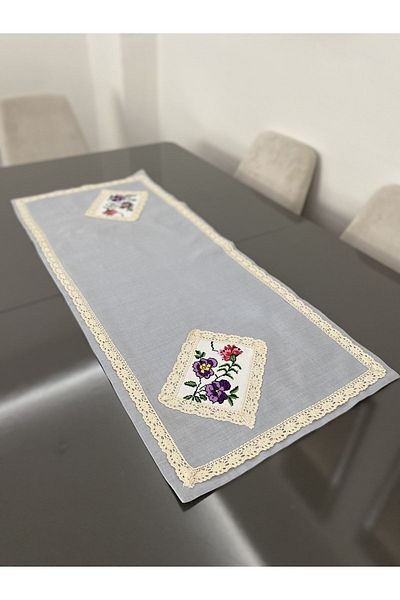 Parla Life Gray Linen Cross Stitch Embroidered Runner 40x120 cm