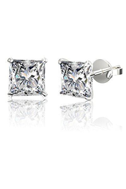 Jewelry For Light ,925 Ayar Gümüş, 6mm, Beyaz Kare Kesim (PRİNCESS CUT), Tektaş, Zirkon Pimli Küpe