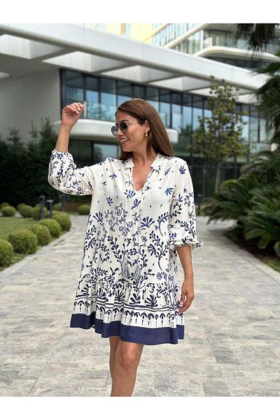 Forlady4 Navy Blue Patterned Off-White Judge Collar Mini Dress - Lace Detailed