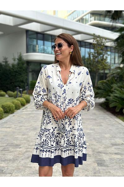 Forlady4 Navy Blue Patterned Off-White Judge Collar Mini Dress - Lace Detailed