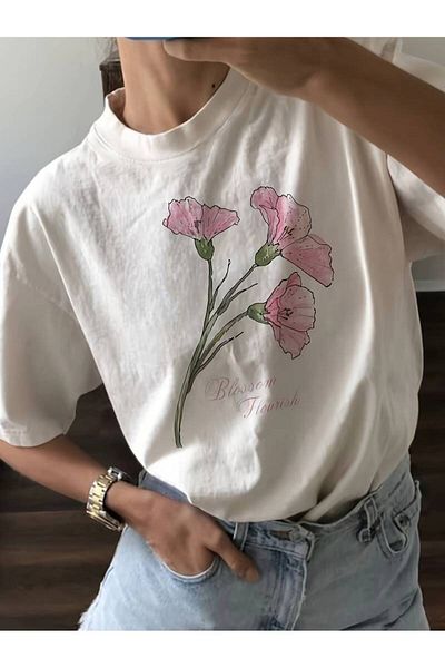 Elvino Tricou oversize pentru femei cu model de flori albe - maneca scurta