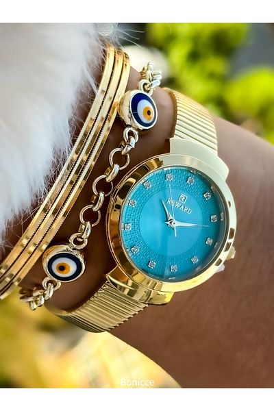 Reward Elegant Yellow Women's Wristwatch - Steel Cord, Special Lock System and Evil Eye Beaded Bracelet