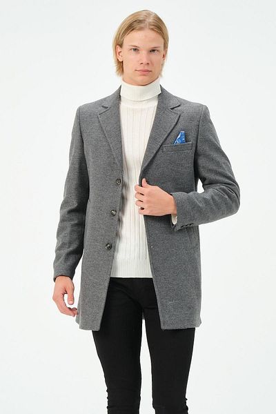 Cekmon Men's Anthracite Slim Fit Solid Color Lined Winter Wool Classic Stamp Coat