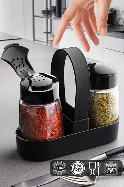 HOMENIVA Glass Salt Shaker and Black Pepper Shaker Set with Click Lid and Stand