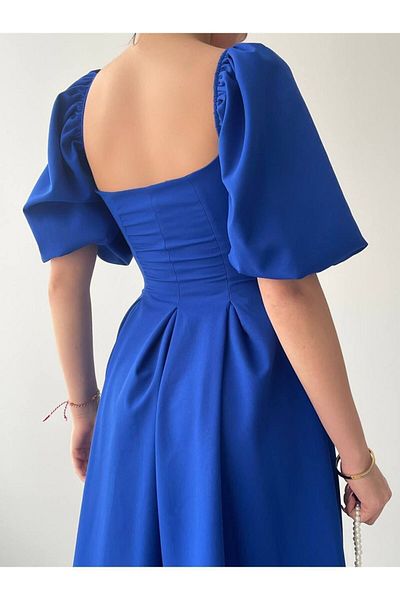 lovebox Saks Μπλε Στράπλες Γυναικείο Φόρεμα Midi Μήκους - Κοντό μπαλόνι μανίκι, Atlas Fabric, Flared Cut ETK-004