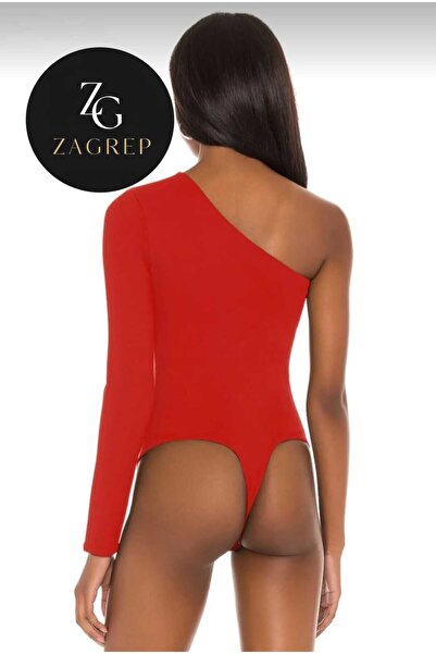 Zagrep Red Single Sleeve Silk Jersey Body - Shoulder Low-Cut, Slit Front Design